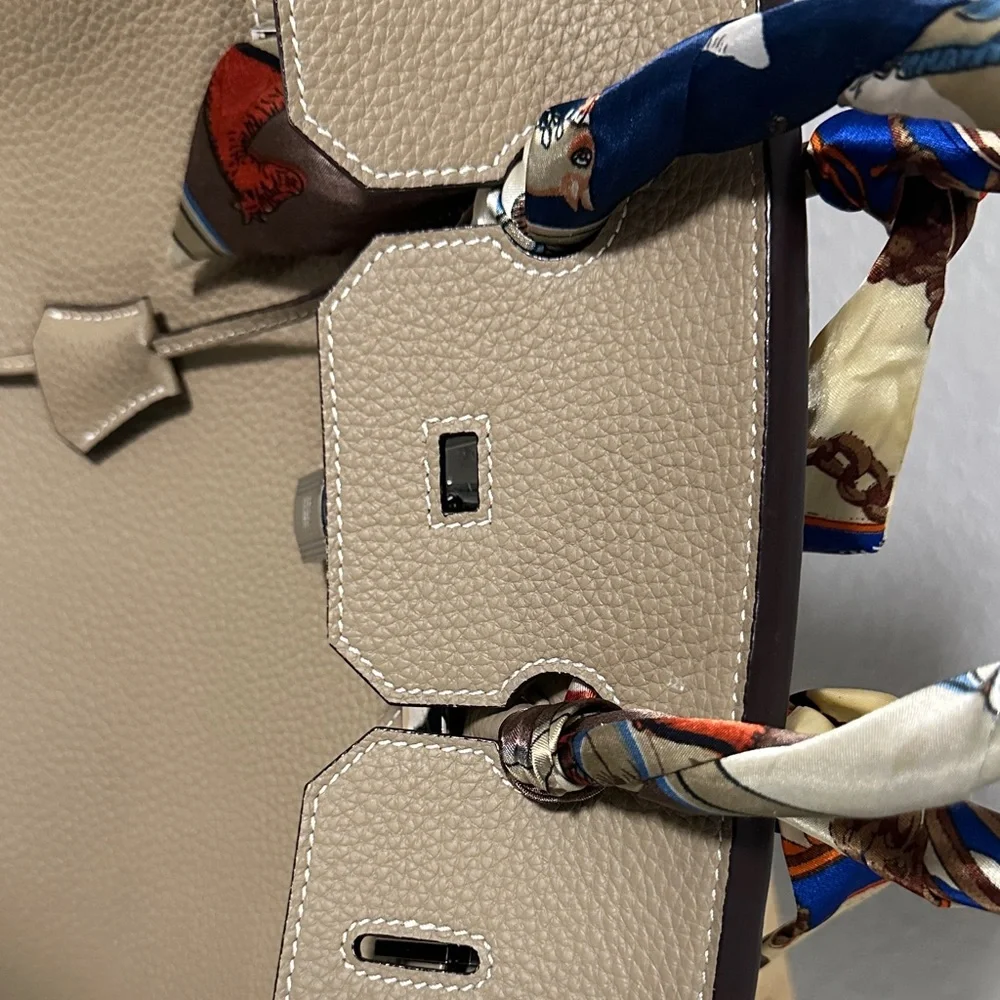 Birkin Hermes Style Bag - Elegant Taupe Gennuine Leather Handbag 35cm - Picture 9 of 15